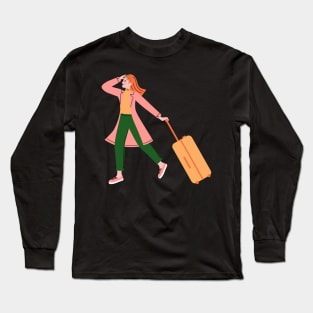 Happy Woman Solo Traveler with Luggage Long Sleeve T-Shirt